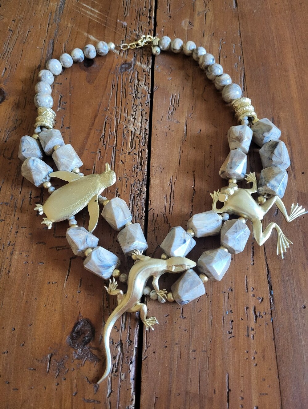 Handcrafted Gold Frog, Lizard and Penguin Statement Necklace